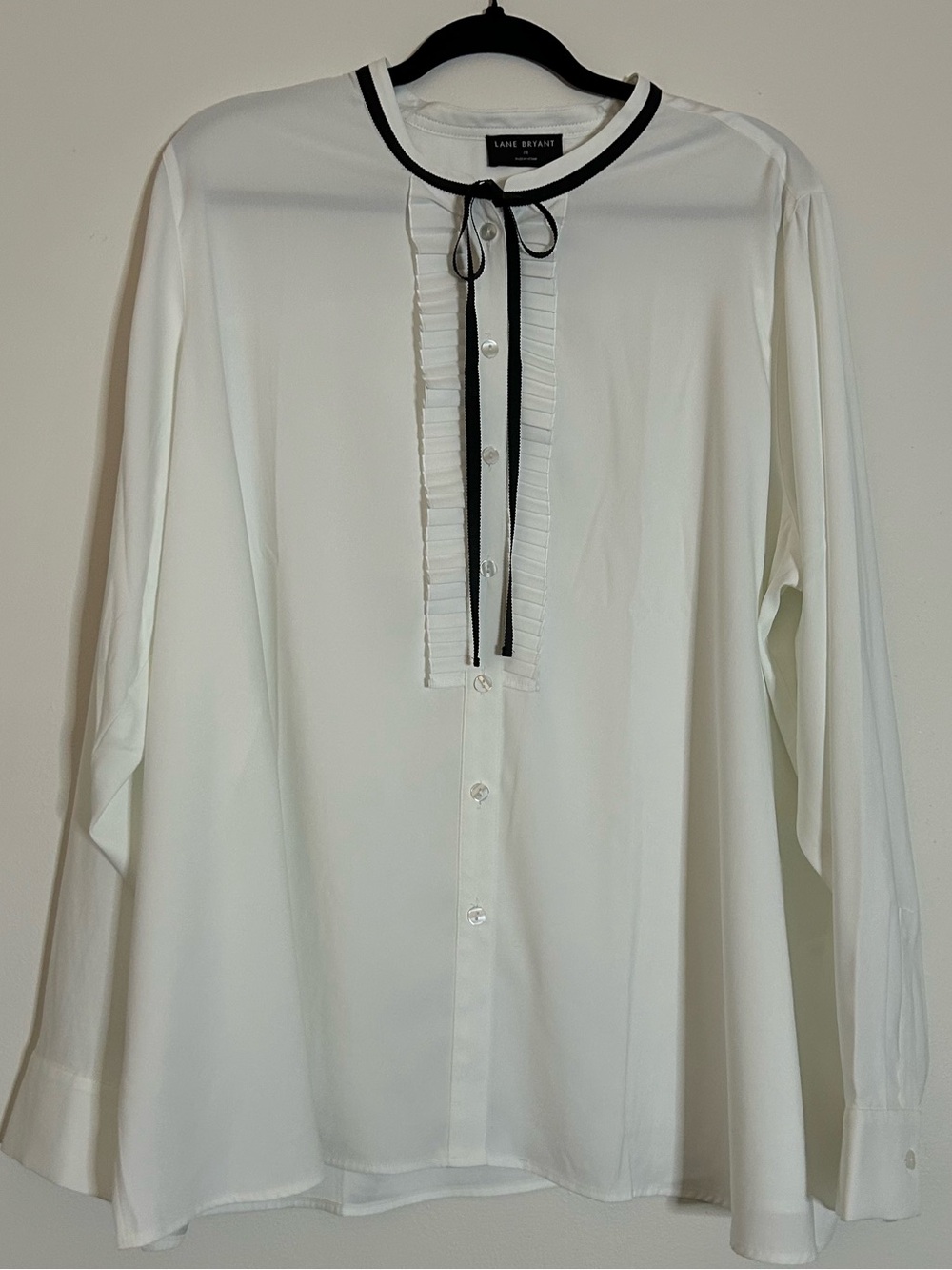Lane Bryant White Long-Sleeve Blouse with Black Trim and Tie